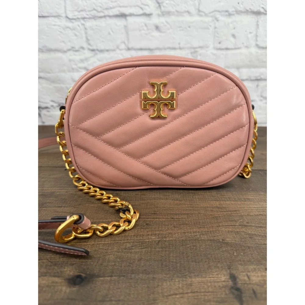 Tory Burch Kira Chevron Small Camera Bag Pink Moon Quilted Leather Crossbody